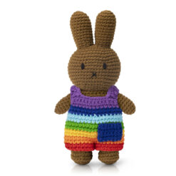 Melanie handmade and her bright rainbow overall